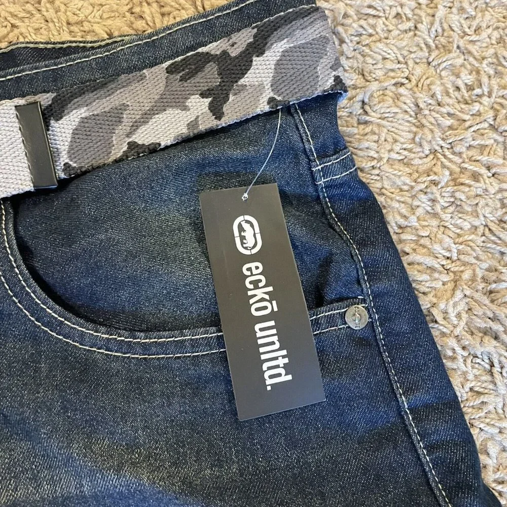 Ecko Unltd Jean Shorts Men's 759 Relaxed Fit Camo Belted Denim Dark Indigo Q965 - Picture 3 of 8